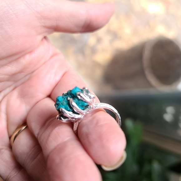 Turquoise raw natural nugget with Pyrite squares sterling ring sz7 - Picture 6 of 14